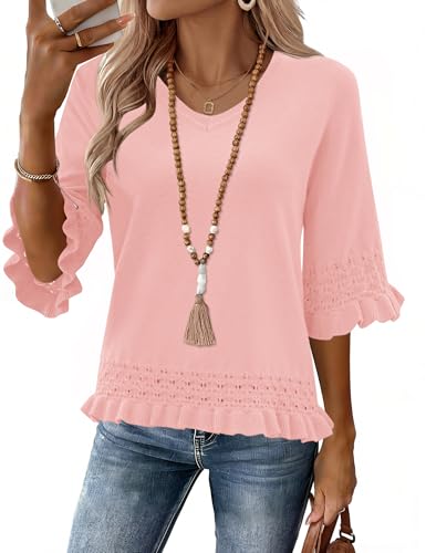 LOMON Tunic Sweaters for Women 2026 Spring Summer Knitted Crop Sweater 3 Quarter Sleeve Boho Tops Fitted Clothing Pink L