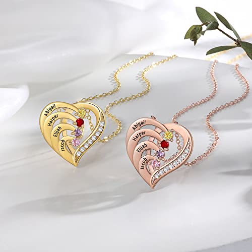 10K/14K/18K Gold Diamond Personalized Name Heart Necklace with 1-4 Birthstones Real Diamond Engraved 1-4 Names Pendant Jewelry Gift for Mom3