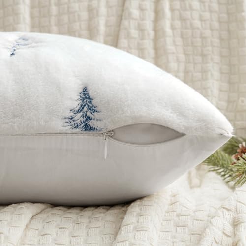 Image of MIULEE Christmas Decorative Faux Fur Pillow Covers 20x20 Inch White Blue | Set of 2, Embroidered Christmas Tree Throw Pillows, Winter Couch Covers, Festive Home Decor for Sofa Bedroom Living Room