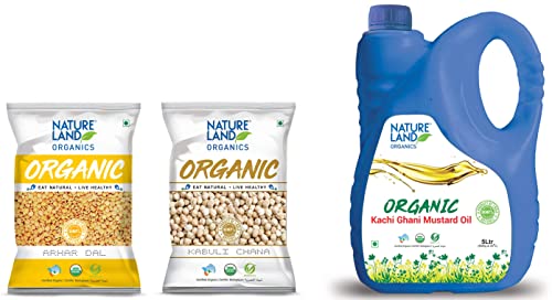 Image of Natureland Organics Mustard Oil Jar, 5 L & Arhar /Toor Dal Pouch, 1 kg & Natureland Organics Rajma Chitra 1 Kg - Organic Healthy Pulses