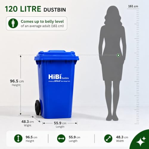 Image of HiBi AW 120 Litre Dustbin - Large Outdoor Waste Bin | Heavy Duty Garbage Container with Wheels | Durable Plastic Trash Can for Home, Office, Hospitals, Public Areas (Blue)