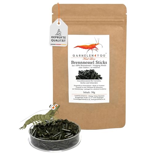 GARNELEN4YOU® Brennnessel Sticks – Premium Garnelenfutter aus 100% Brennnessel – pflanzliche Futter Pellets für Garnelen, Krebse & Schnecken – nachhaltige Verpackung – Made in Germany – 50 g
