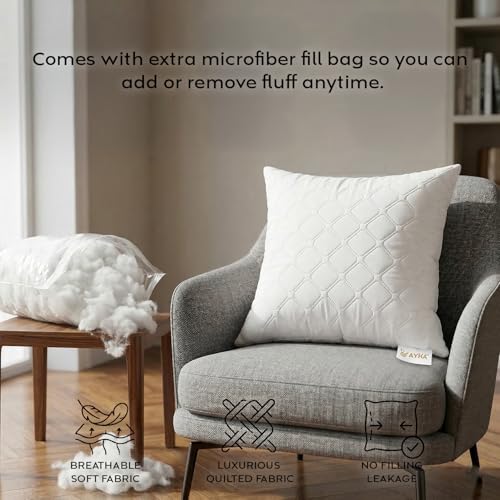 Image of AYKA Microfiber Cushion Filler Set of 2 (12x12 Inch) | Soft & Fluffy Sofa Cushions Inserts | Premium Polyester Fiber Throw Pillows for Sofa, Couch, Bed & Living Room Decor | White