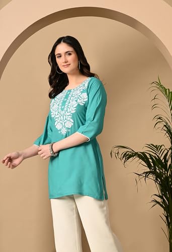 Image of LIBOZA Kurti for Women - Short Chikankari Kurtis for Girls, Lakhnawi Tunic Top Kurta Design for Ladies, Woman Ethnic Kurthis & Shirt with Sleeve