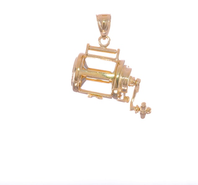Solid 14k Yellow Gold Moveable 3-D Fishing Reel Charm Pendant