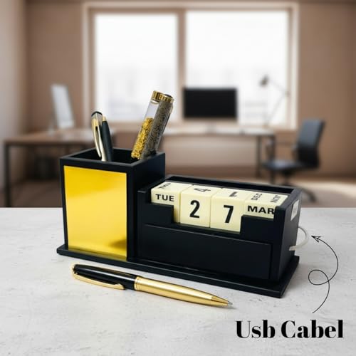 Image of Personalized Gold Pen Stand With Name, Table Watch, Calendar, Stationery & Wooden Desk Organizer - Custom Corporate Gift For Doctors, Office, Study, New Year Gift For Employees (Light Pen Stand)