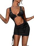 Verdusa Women's Cut Out Bodycon Bodysuit and Bodycon Skirt Velvet 2 Piece Outfit Black M