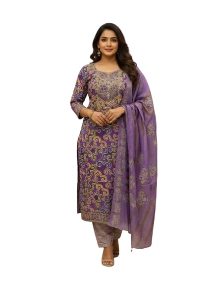 Unstitched Embroidered Salwar Suit Material for Women | Cotton Blend Fabric with Elegant Neck Design & Printed Dupatta | Traditional Purple Ethnic Wear Dress Material-image-41