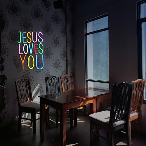 Image of Jesus Loves You Neon sign Colorful Led Letters Sign Neon Light for Wall Decor Dimmable Jesus Light Up Sign for Home Christ Church Wedding Birthday Party Decor(USB Power)