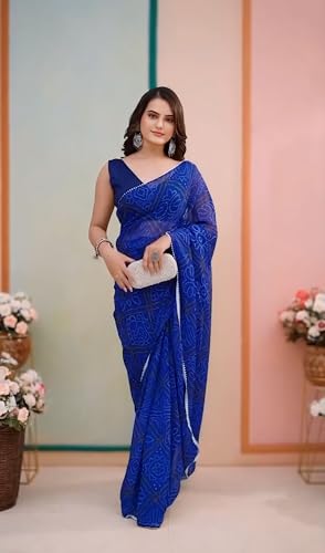 Image of HMP Fashion Women's Georgette Bandhani Printed Ready To Wear Sari One Minute Saree With Unstitched Blouse Piece