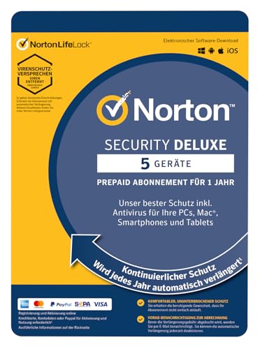 Norton Security Deluxe 5 Geräte / 1 Jahr - 2021 / 2022 - DOWNLOAD - Inklusive Antiviren Software - für Windows, Mac, Android, iOS