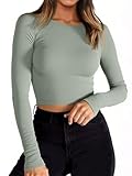 Tankaneo Women Crop Tops Long Sleeve Crewneck Ribbed Knit Slim Fit Y2K Workout Shirts