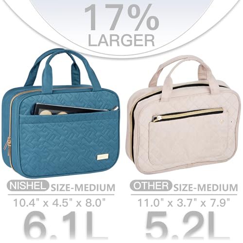 Image of NISHEL Travel Toiletry Bag for women, Portable Hanging Organizer for Travel-Sized Shampoo, Conditioner, Brushes Set, Makeup Accessories, Medium Size, Lake-Blue