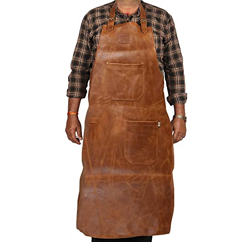 LL LEATHER LOVERS Adjustable Leather Aprons - Heat & Flame-Resistant Heavy Duty Work Forge Apron with Multiple Pockets for Men (Small, Rustic Brown-01)