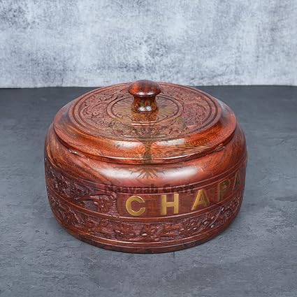 Aisha Craft House Wooden Handcrafted Chapati Box Handmade Stainless Steel Bread Casserole with Engraved Design for Kitchen|Serving Food|Chapati (Brown, Small)