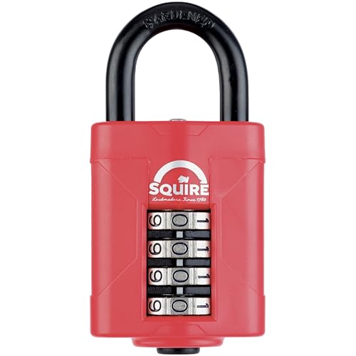 Squire Heavy Duty Padlock (CP50RED) - Toughest Steel Shackle - 4 Wheel 50mm Wide Combination Padlock (Red) - Alloy Steel for Corrosion Resistance - Weatherproof Lock for Home, School & Garage