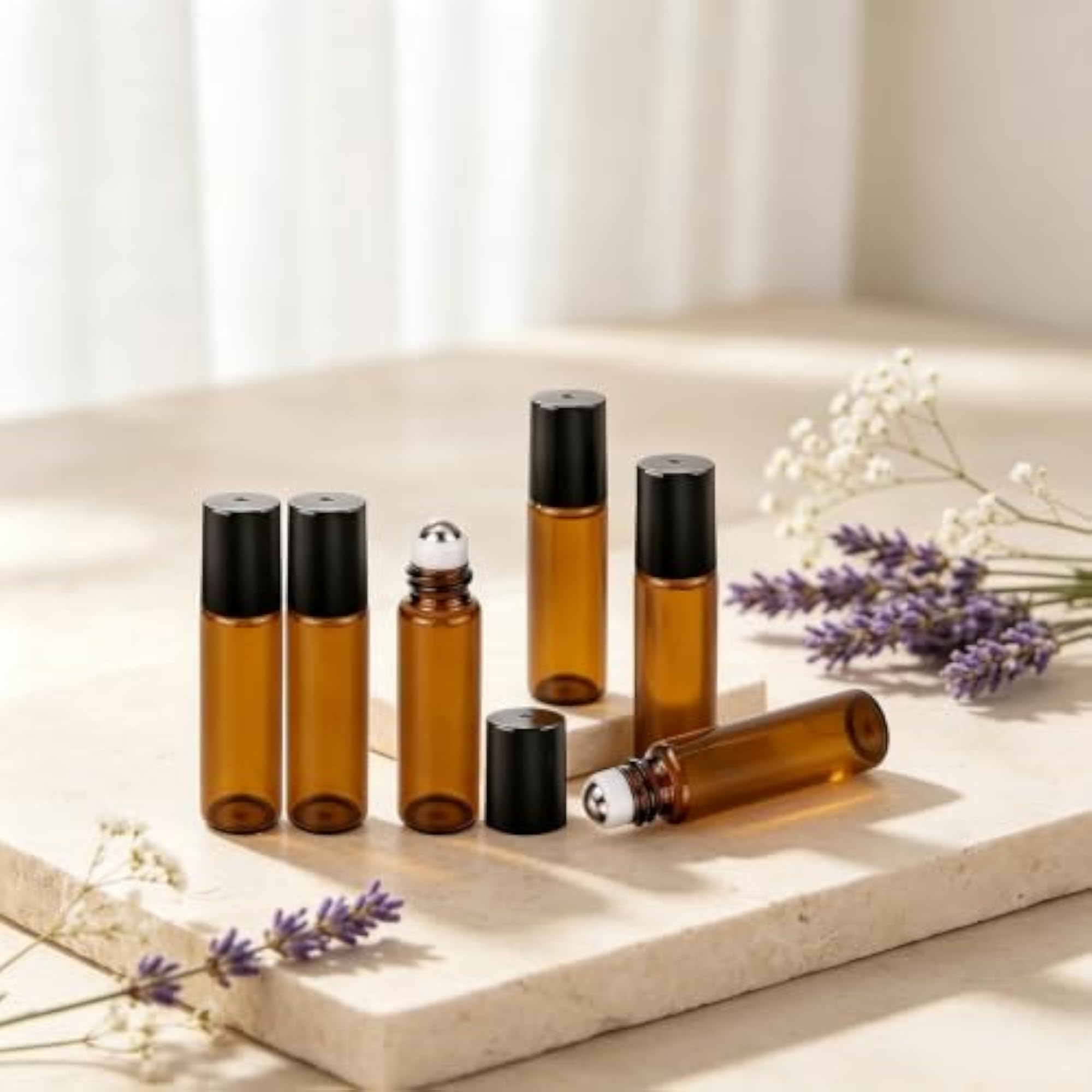 15 Pack 5ml Amber Glass Essential Oil Roller Bottles