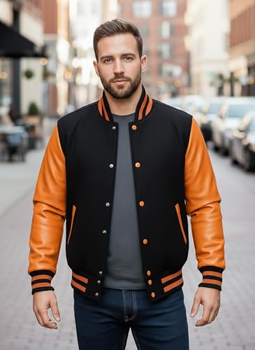 Image of LP-FACON Unisex Varsity Letterman Jacket | Mens College Baseball High School Bomber Wool + Faux Leather Jacket