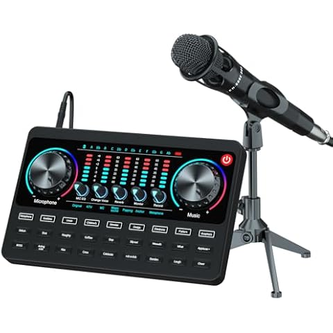 Podcast Equipment Bundle Booth Desk Kit,Studio Condenser Microphone,Sound Card Audio Interface DJ Mixer SoundBoard Voice Changer for Vlog/Tiktok/Youtube Starter Phone/PC Musical Streaming Cover