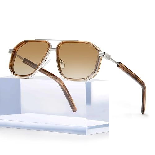 BIRCEN Mens Polarized Aviator Sunglasses: Acetate Luxury Trendy Sun Glasses Anti-Glare UV Protection for Driving & Travel