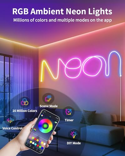 Image of 16.5ft Neon Rope RGB Lights, IP68 Waterproof Flexible Neon Lights, LED Strip Lights for Bedroom, Room Decor for Christmas, Outdoors, Pool B