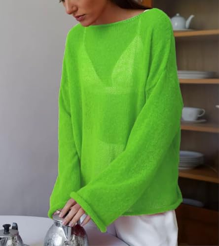 Image of Sweters for Women, Womens Sweater, O-Neck Solid Color See Through Pullover Jumper Shirt Beach