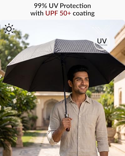 Image of Destinio Umbrella for Man - Large Size, Fully Automatic, Windproof Fibreglass Ribs, UPF 50+ Sun Protection, Premium 210T Pongee, Foldable Travel Umbrella for Rain for Men and Women - 3 fold Compact Easy to Carry (Auto open auto close)