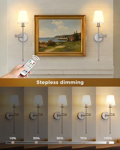 Image of Joosenhouse Battery Operated Wall Sconces Set of 2, 24.8 Inch Brushed Nickel Wireless Dimmable Wall Lamp with Remote Control, Easy Install Wireless Lighting for Bedroom, Living Room, Hallway