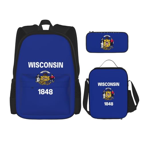 YHBLYKXP Wisconsin State Flag Backpack 3-Piece Casual Backpack Set (Backpack + Waist Bag + Small Pouch), Unisex Daypack