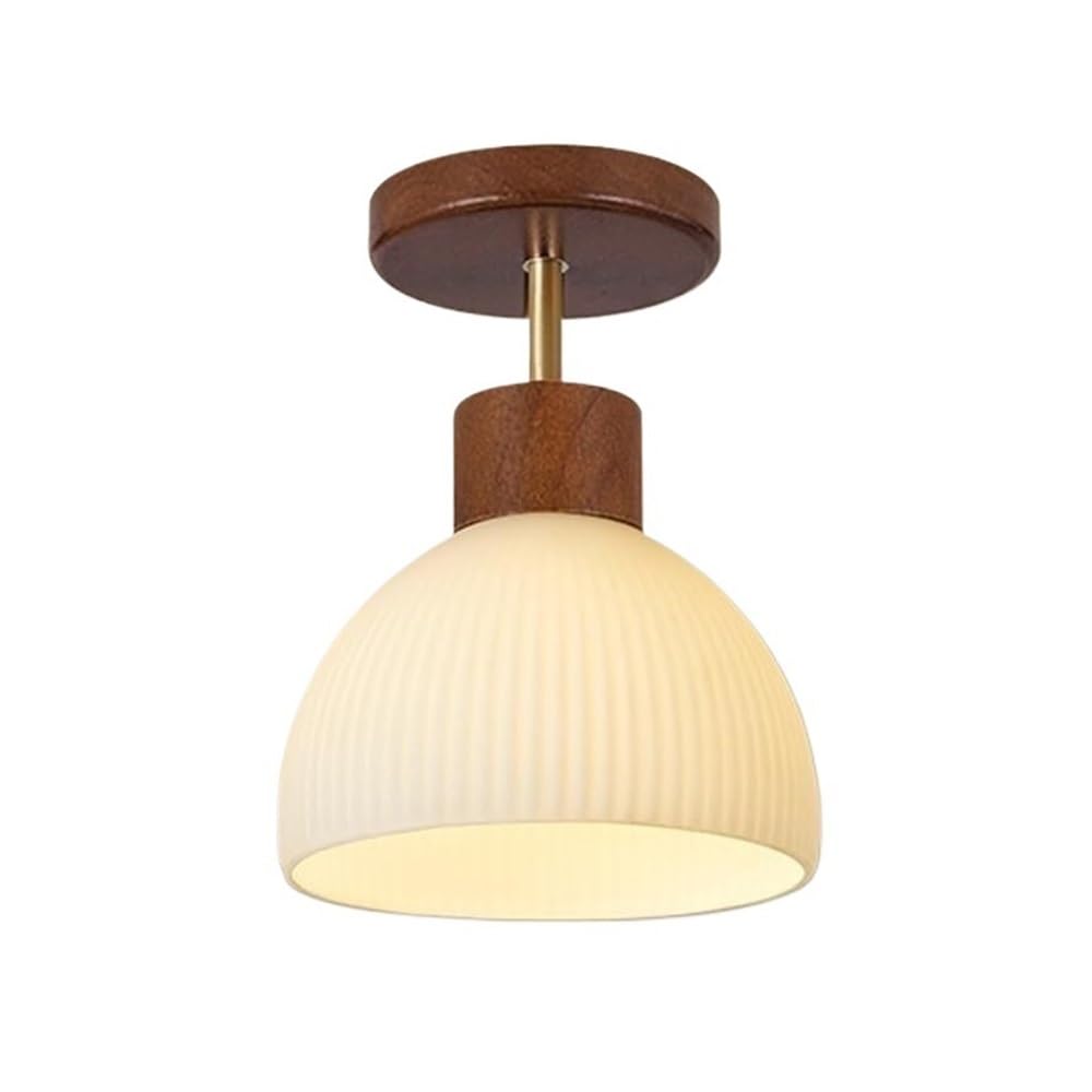 STUIJKVSZ Mid Century Walnut Wood Semi Flush Mount Ceiling Light Pleated White Glass Shade Fixture Small Modern Minimalist E26 Base Lamp for Bedroom Hallway Entryway Porch
