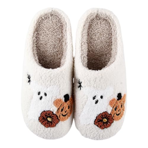 Halloween Fall Slippers for Women – Cozy Plush Fluffy House Slippers | Cute Cartoon/Spooky Pumpkin Design, Warm Lined, Non-Slip Indoor Outdoor Winter Home Shoes - Main Image