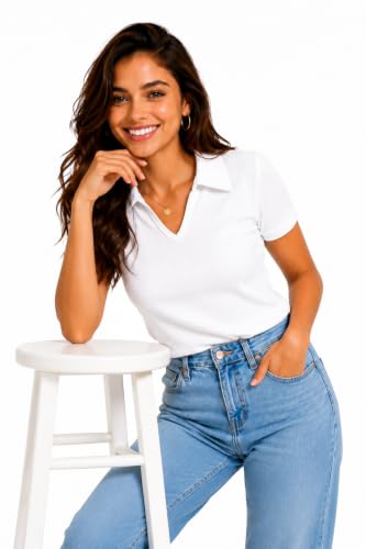 Image of Women's Ribbed V Neck Collared, Casual Short Sleeve Polo Top, Stretch Knit, Soft Lightweight Summer Basic Tee for Office, Work, Travel