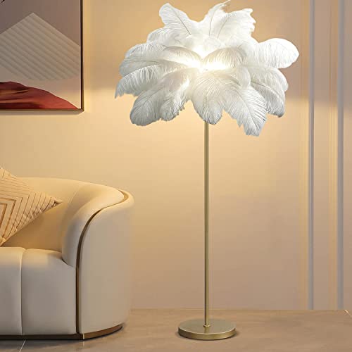 Vorderry Natural Ostrich Feather Floor Lamp, White, Gold And Pink Atmosphere Feather Lamp, Eye Protection Reading Lamp, Bedroom, Living Room Corner Decoration Lamp (White) #TOP8