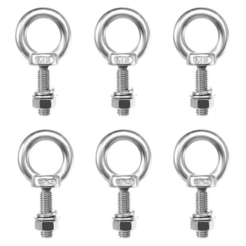 Tornillo de ojo M8, 6 unidades de acero inoxidable perno de ojo redondo, M8 × 30 mm, tornillo de ojo con tuercas, arandelas, tornillo de ojal para rollo de fijación colgante