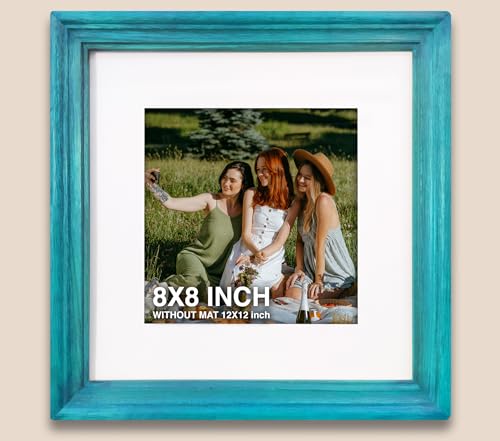 Image of 8 x 8 inch Wooden Photo Frame with Mat, Blue Photo Frame 8 x 8 inch with Mat or 12 x 12 inch without Mat for Wall Decoration, Gallery Walls, Best Wooden Photo Frames for Posters and Photos
