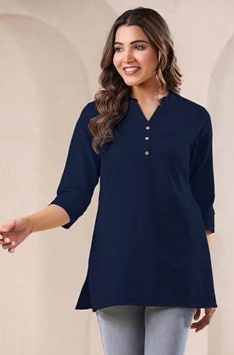 Image of Janasya Women's Light Blue Linen Cotton Solid A-line Top