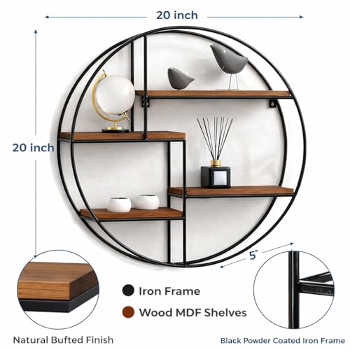 Image of Modern Round Wall Shelf Metal Frame with Wooden Shelves | Decorative Wall Mounted Storage Organizer for Living Room, Bedroom & Home Decor