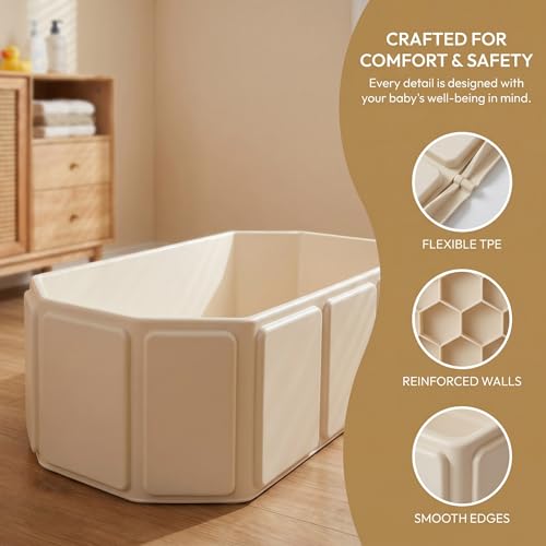 Image of Foldable Bathtub for Kids, Toddler Bath Tub with Drain Plug, Foldable Baby Shower Tub with 5 Balls and 2 Ducks, Portable Bathroom Pool Water Toy, Cat Dog Wash Shower Basin (White)