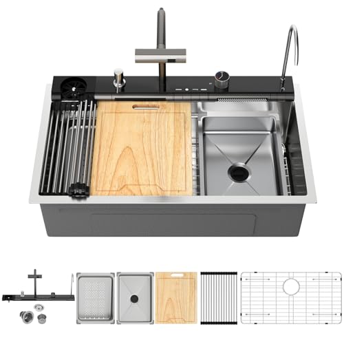 Image of Kichae 30x19 Kitchen Sink Drop In Waterfall Kitchen Sink Smart Workstation