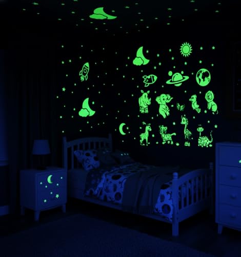 Wall1ders - Glow in The Dark Jungle Safari & Space Adventure Wall Stickers Combo | Radium Night Glow Decals for Kids Bedroom, Nursery & Ceiling | 3D Neon Fluorescent Stars, Planets & Animal