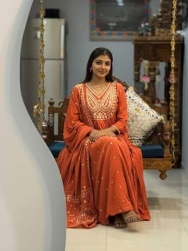 Image of ANNI Designer Women's Rayon Viscose Printed Embroidered Anarkali Kurta with Pant & Dupatta | Ethnic Kurti Set with Embroidery | Soft Comfortable Fabric | Stylish Outfit for Festive, Office