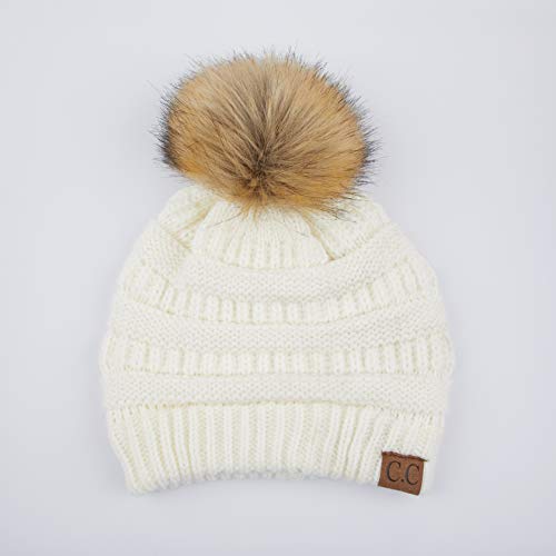 Image of CC Fur Pom Winter Fall Chunky Stretchy Cable Knit Beanie Hat