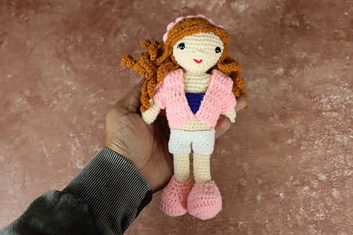 Image of Sutra Handmade Crochet Doll in Pink Jacket & White Skirt | Amigurumi Wool Plush Toy | Soft Gift for Kids, Nursery & Home Decor