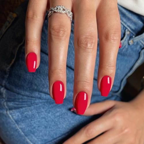 Red Short Coffin Press on Nails Medium Coffin Nails Press ons, Glue on Nails Short Fake Nails for Women, Ballerina T Shape Acrylic False Nails Natural Handmade Gel Nails Medium Square Nails