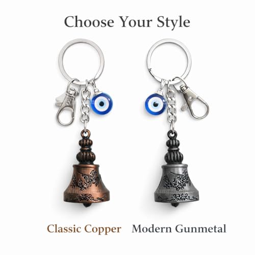Image of Guardian Bell Keychain For Bike & Car | Tibetan Bells Texture Keyring For Bike | Copper Silver Combo Bells | Evil Eye Good Luck Charm Bell Keychains | Nazar & Protection Charm | KeyRing for Riders
