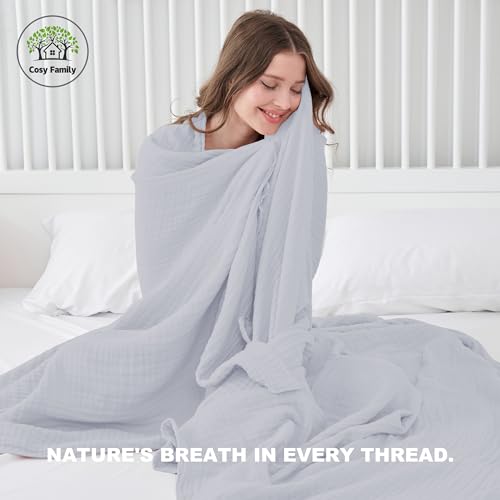 Image of Cosy Family 6 Layer Muslin Bed Blanket - Breathable and Lightweight Gauze Boho Blanket for Spring, Soft 100% Cotton Muslin Blanket, Slate, 55x80 Inches