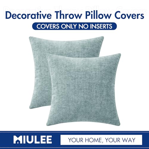 Image of MIULEE Pack of 2 Light Blue Throw Pillow Covers 18x18 Inch Soft Chenille Pillow Covers for Sofa Living Room Spring Home Decor Couch Solid Dyed Cases