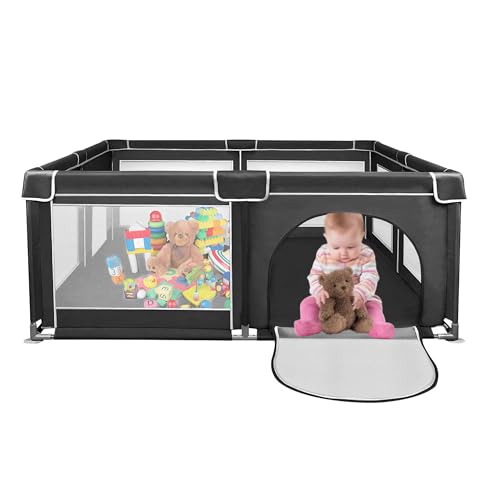 Laufstall für Babys, 180 x 150 cm, Aktivitätsgitter für Kinder, mit Basis, modular, faltbar, großer Laufstall für Kleinkinder mit Tür mit Reißverschluss (schwarz) Laufstall für Babys, 180 x 150 cm, Aktivitätsgitter für Kinder, mit Basis, modular, faltbar, großer Laufstall für Kleinkinder mit Tür mit Reißverschluss (schwarz)