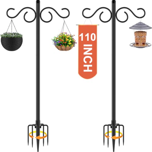 Image of RCUICA Double Shepherds Hooks for Outdoor,2 Pack 110Inch Bird Feeder Pole with 5 Prongs Base,Heavy Duty Shepherds Hook,Suitable for Garden in Hanging Flower Basket,Lantern,Bird Nests (110 inch)