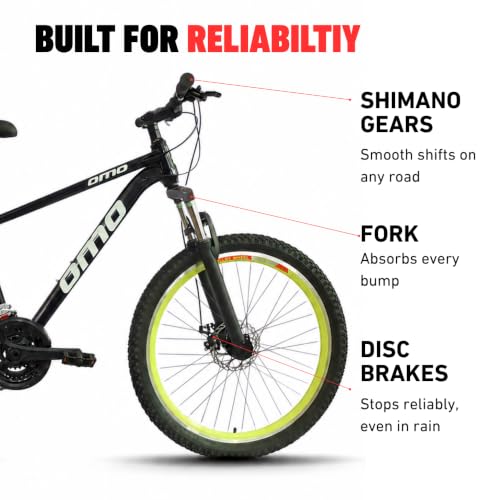 Image of Omobikes Manali Ace | Gear MTB Mountain Cycle | 21 Shimano Speed | Front Suspension | 26Inch Tire | Disc Brakes | Steel Frame | for 15+ Years Adults Unisex (Green)